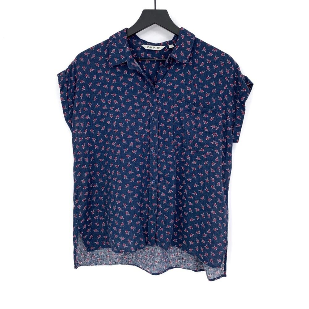 ORVIS Linen Blend Sleeveless Tee Floral Navy Red S